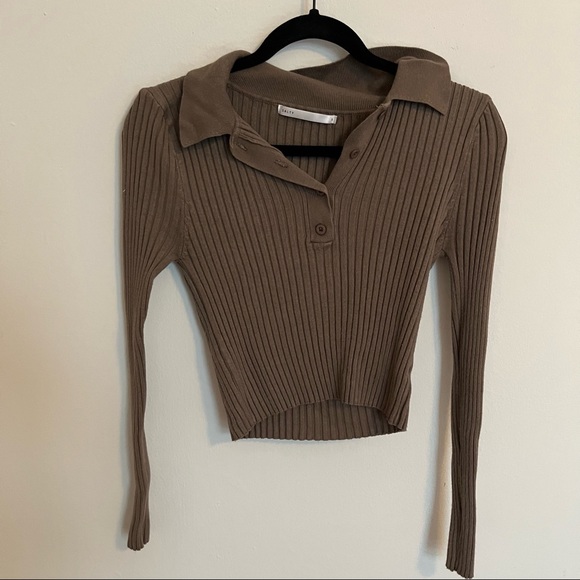Salty Tops - Salty Collared Ribbed Knit Polo Shirt Long Sleeve Brown Size Small
